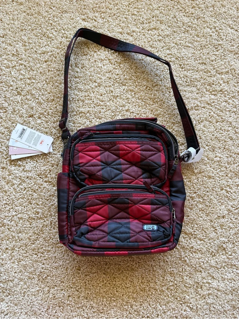 Lug Compass Crossbody Bag Buffalo Check Red Black RFID Quilted Travel Bag NWT - Picture 1 of 12